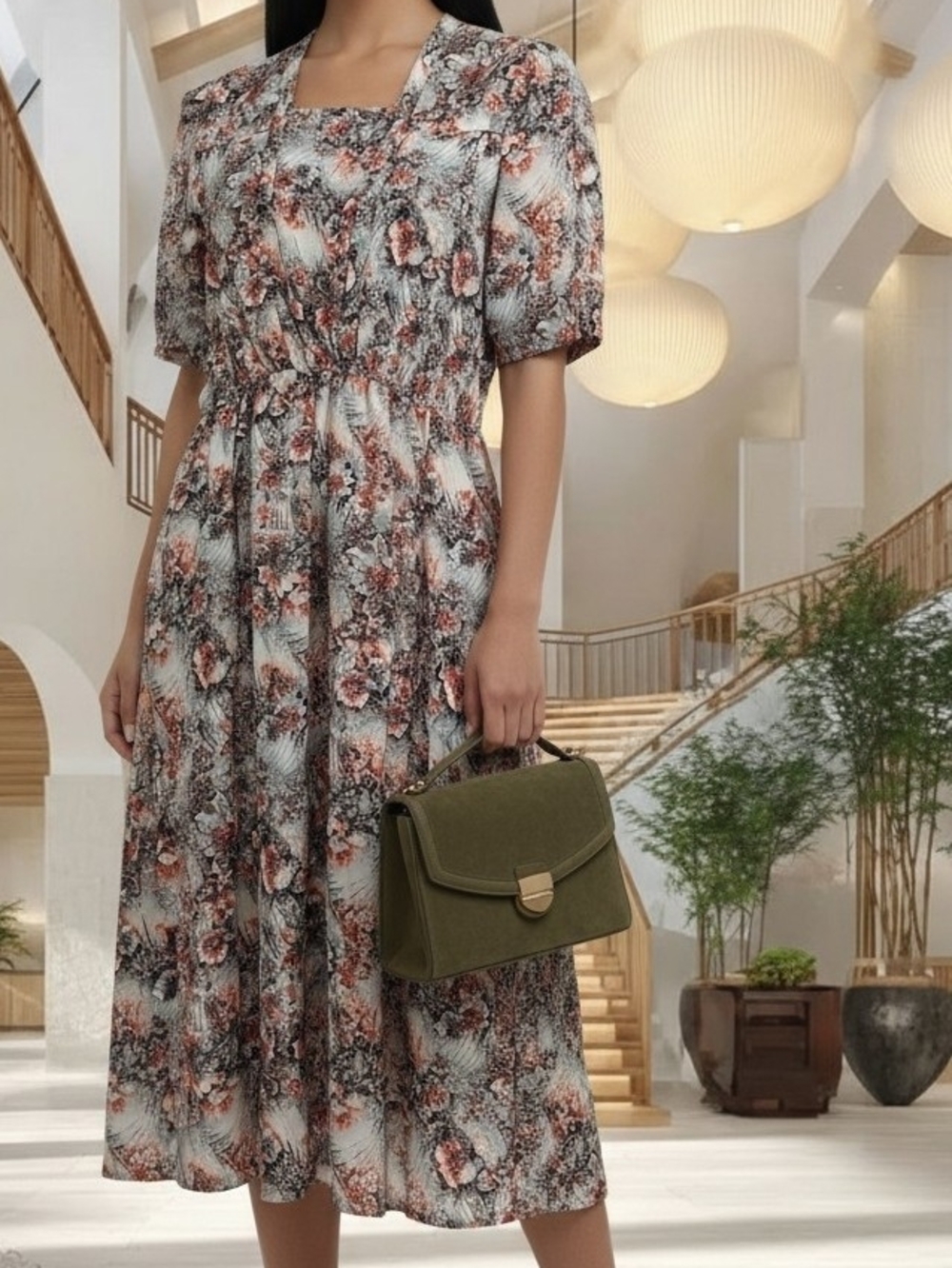 Vintage 70's Floral Square-Neck Midi Dress White Terracotta w Silver Tone Accent